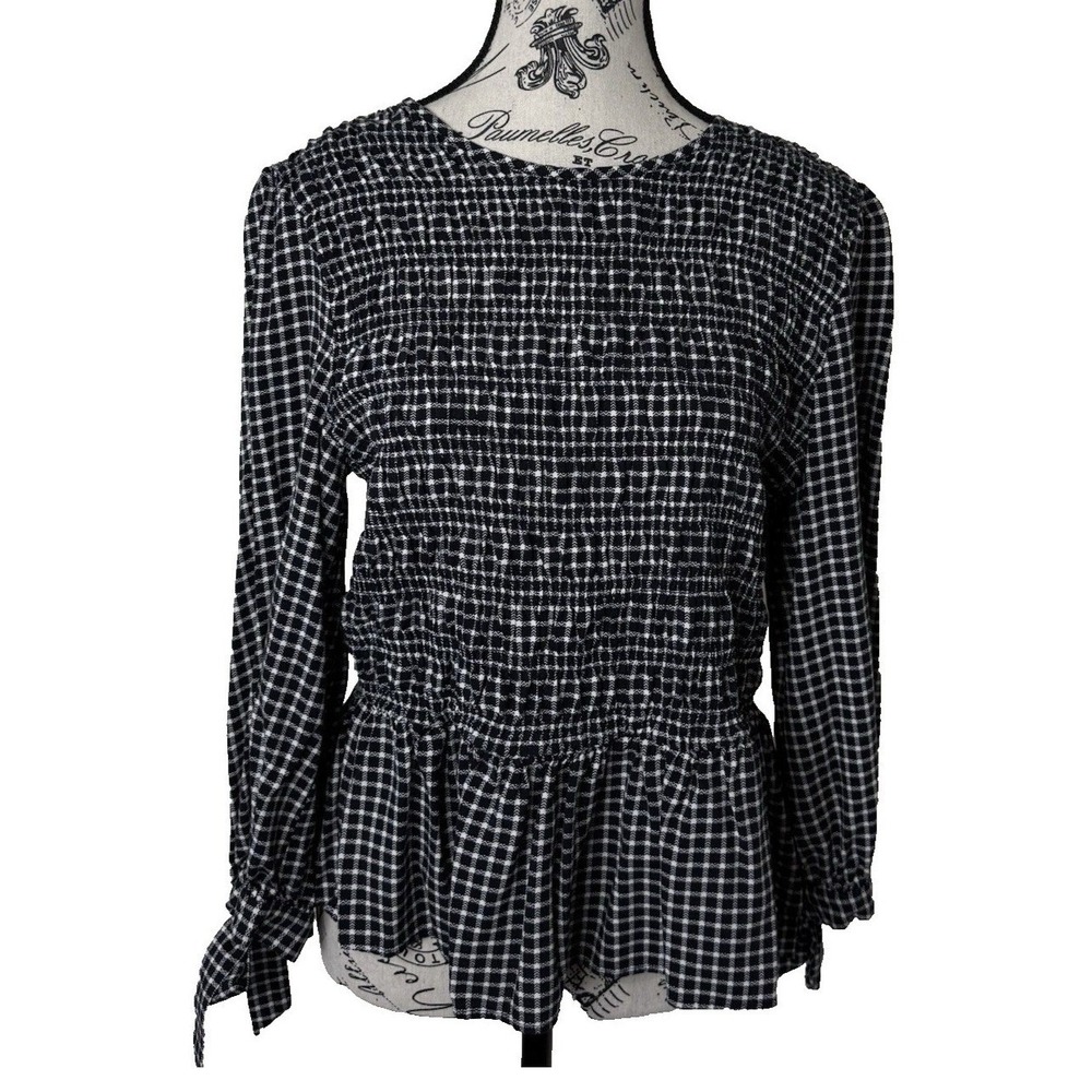 Tommy Hilfiger Womens Navy White Plaid Smocked Peplum Blouse Size L Tie Cuff Top